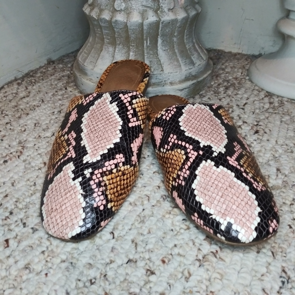 Madewell Cory Gold, Mauve & Black Snakeprint Almond Toe Leather Mules - Picture 4 of 9